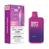 Triple Berry Drip'n EVO 28k Disposable Vape Showcasing the full splendor of tartness, this delightful creation is brimming with the vibrant flavors of blueberry, strawberry, and pomegranate, forming an iconic trio that tantalizes the taste buds.